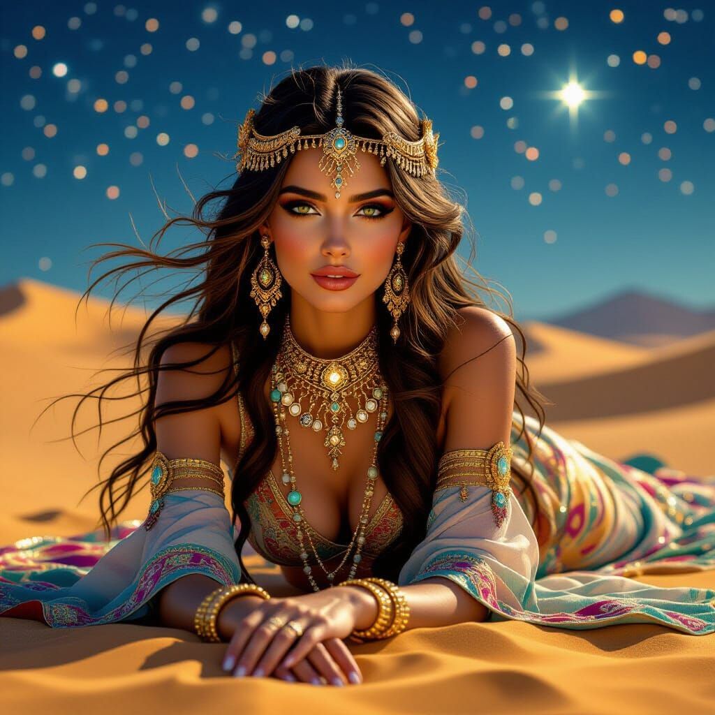 Desert Goddess in Jeweled Silks Under Starlight