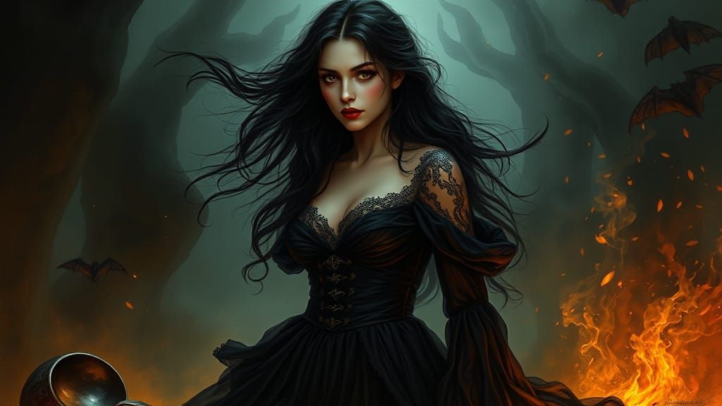 Ethereal Witch in Dark Velvet Gown