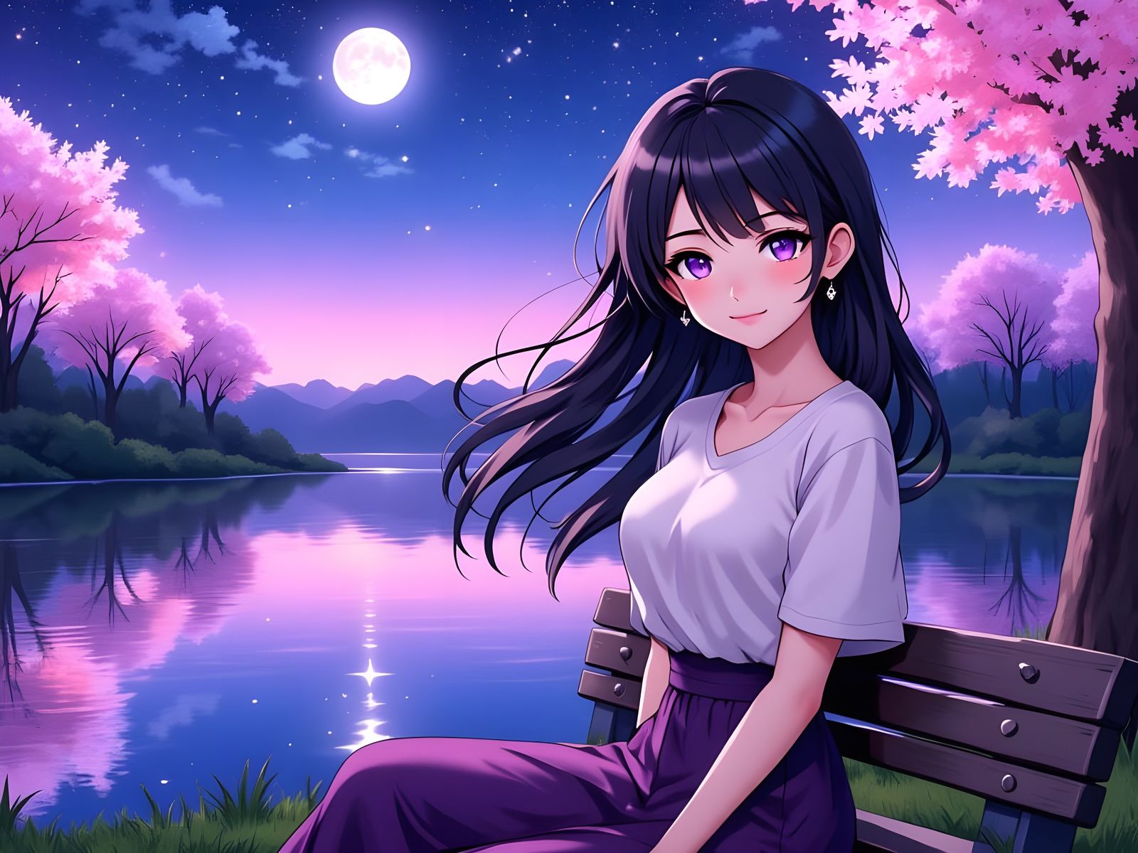 Anime Woman Laughing by Lake with Sakura Trees