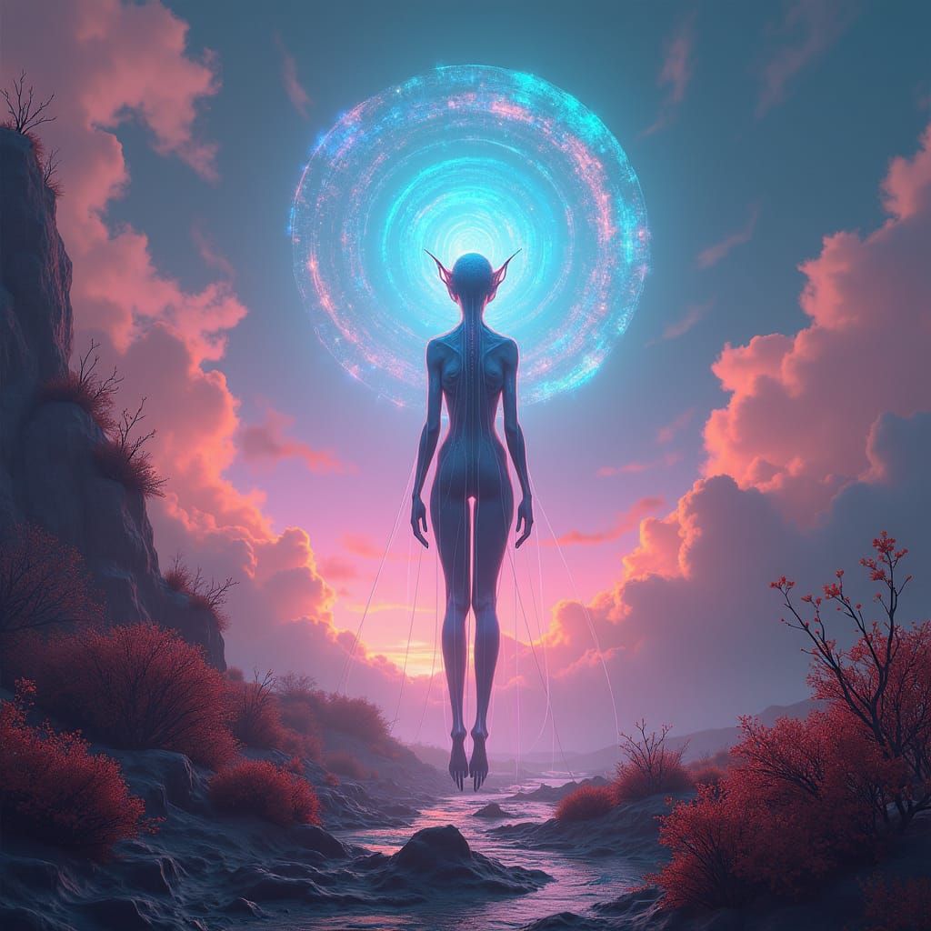 Ethereal Alien in a Neon Celestial Landscape