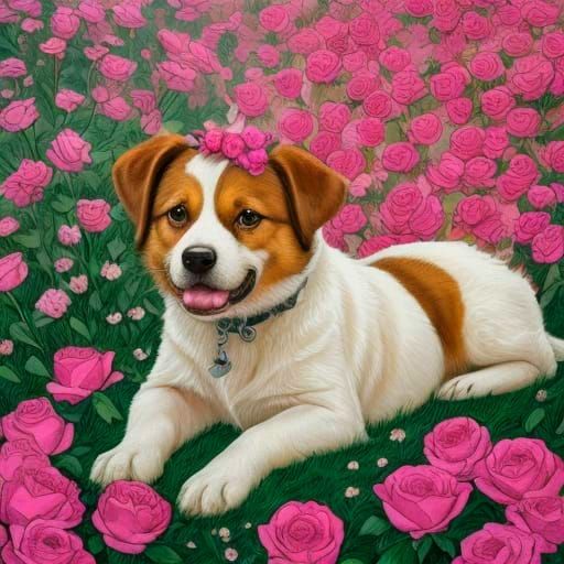 Cute Dog Surrounded by Roses in Vibrant Anime Art