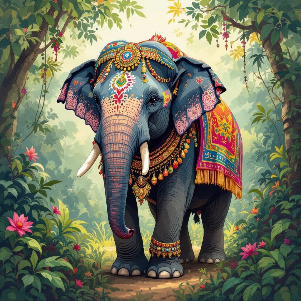 Ornate Indian Elephant in Jungle, Watercolor Style