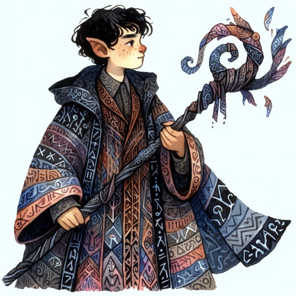 Whimsical Wizard with Fish Staff in Watercolor