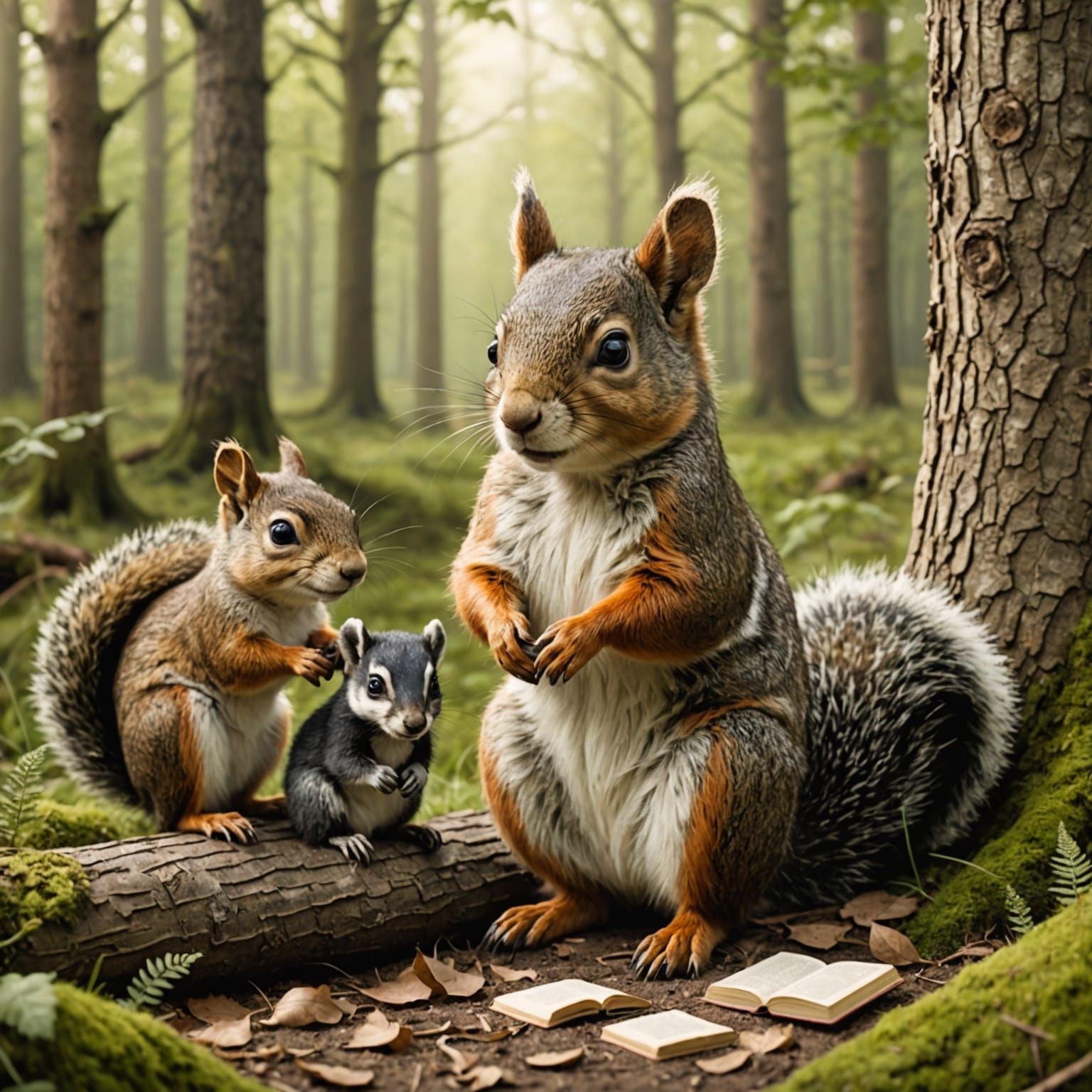Woodland Scene with Baby Animals in Storybook Style