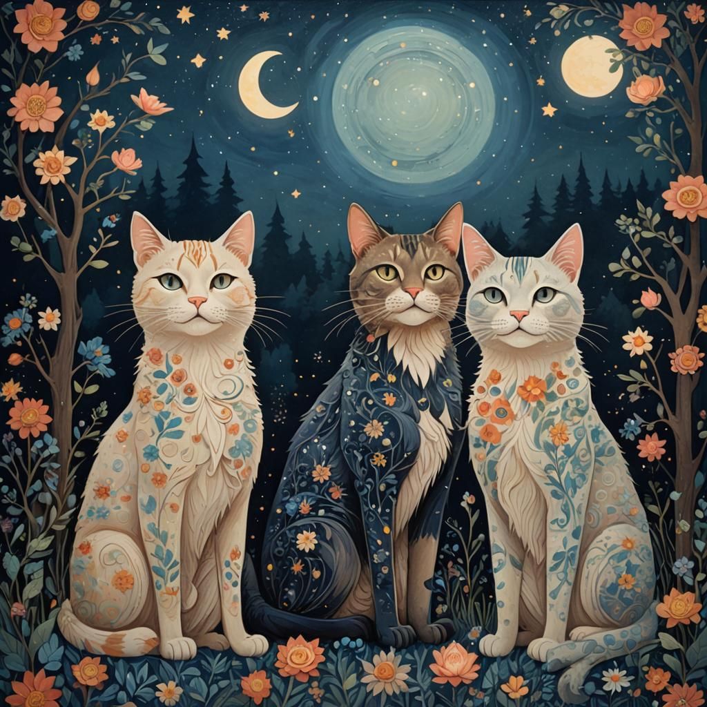 Floral Cats Under Starry Sky in Naive Art Style