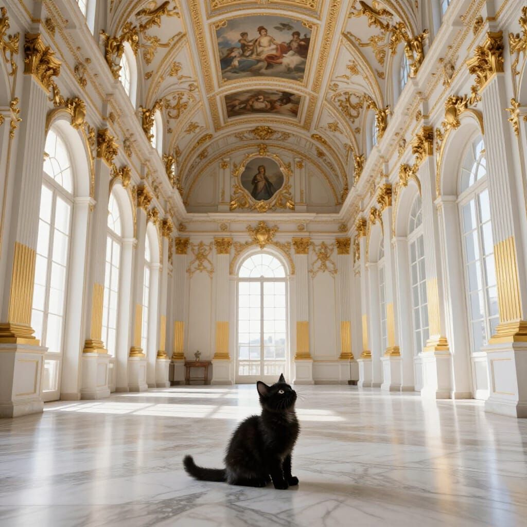 Tiny Kitten in Opulent Baroque Palace Hall