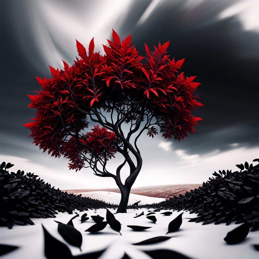 Hyperrealistic Black Leaves Tree with Red Sky