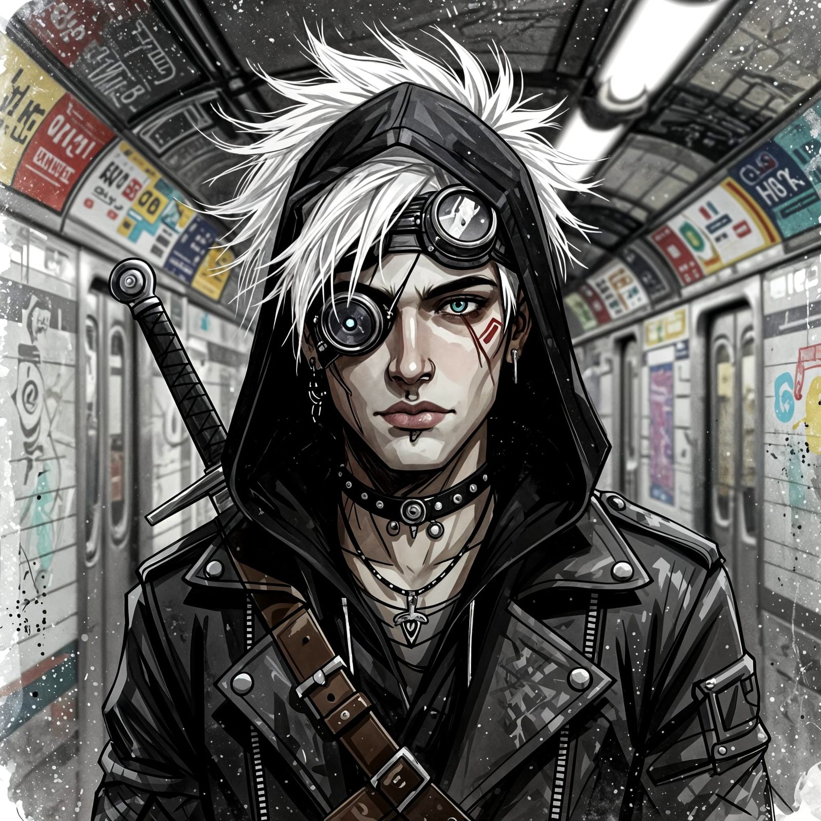 Steampunk Man in Subway, Art Nouveau Style