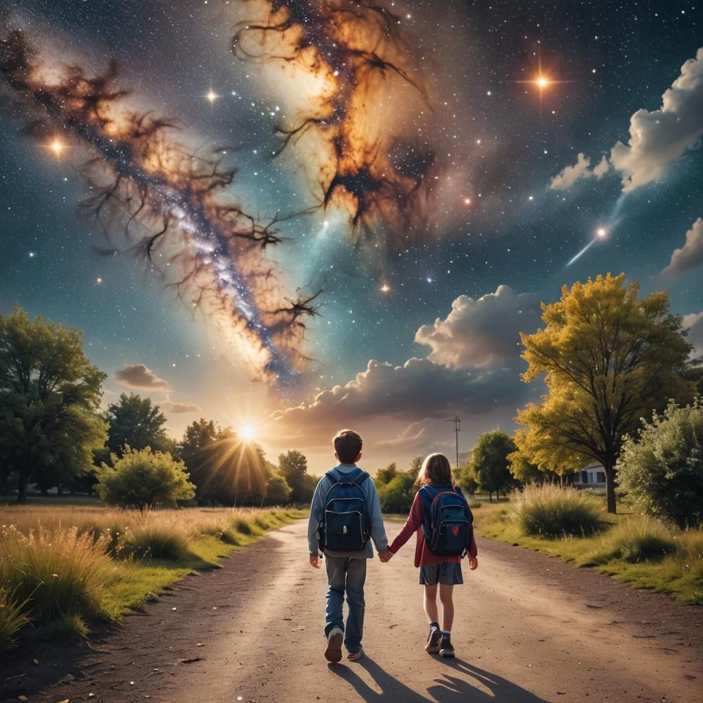 Child's Starry Walk to School Among Galaxies
