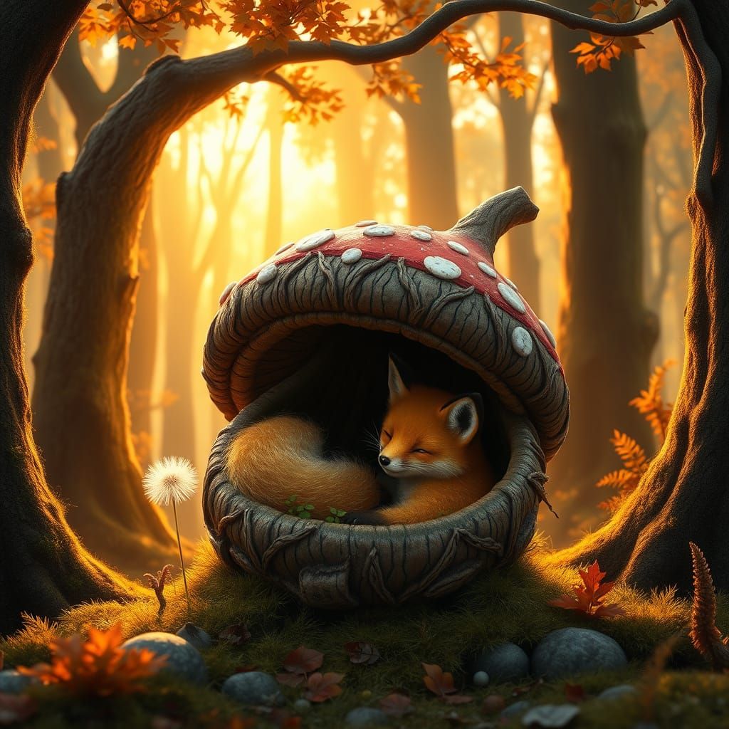 Whimsical Autumn Fantasy Scene with Fox and Toadstool