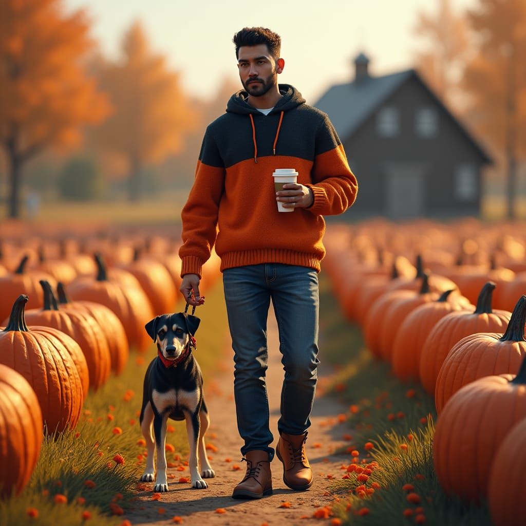 Latino Man and Dog in Autumn Pumpkin Patch