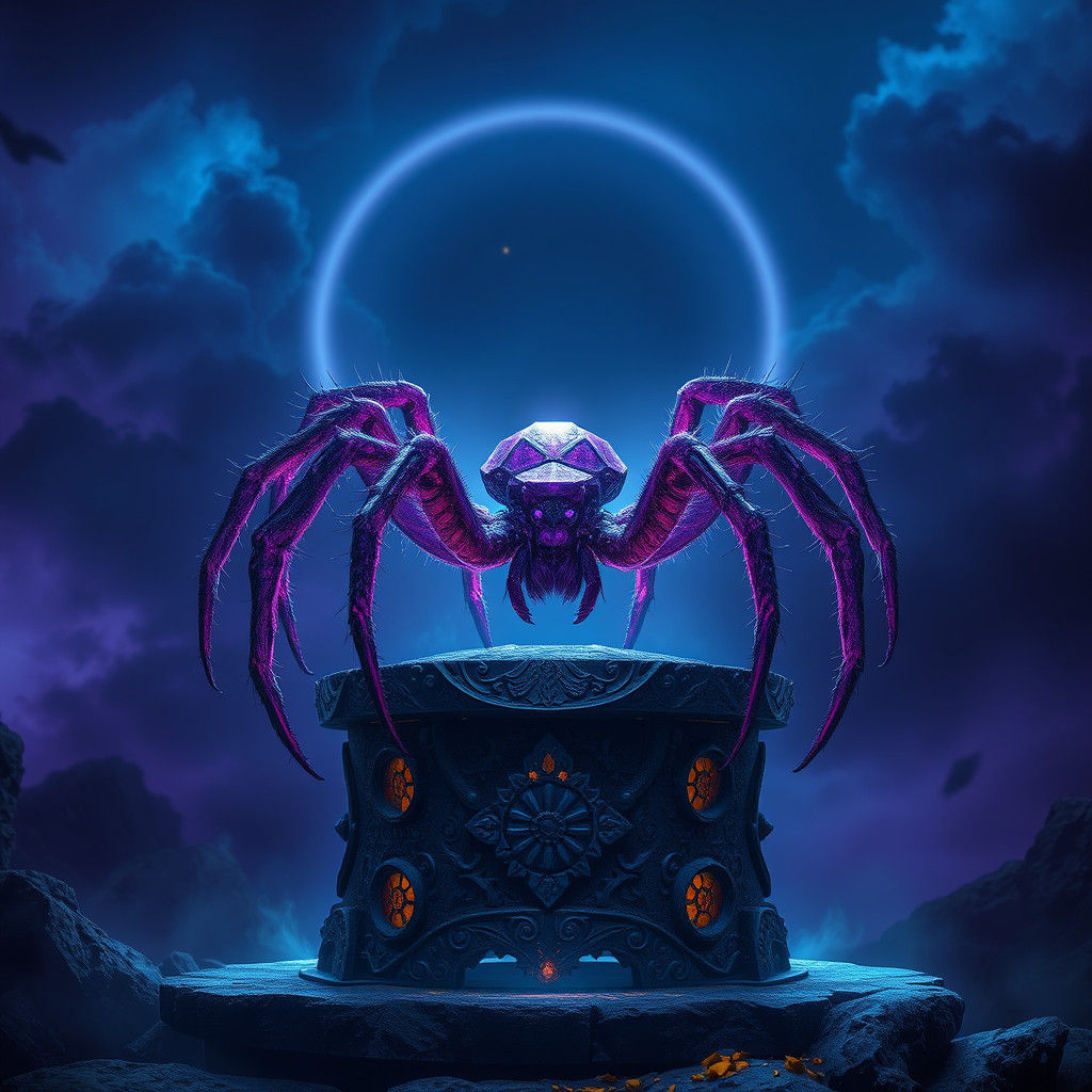 Amethyst Spider on Stone Pedestal in Fantasy Style