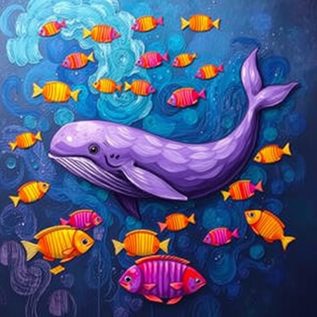 Abstract Purple Whale with Rainbow Fish