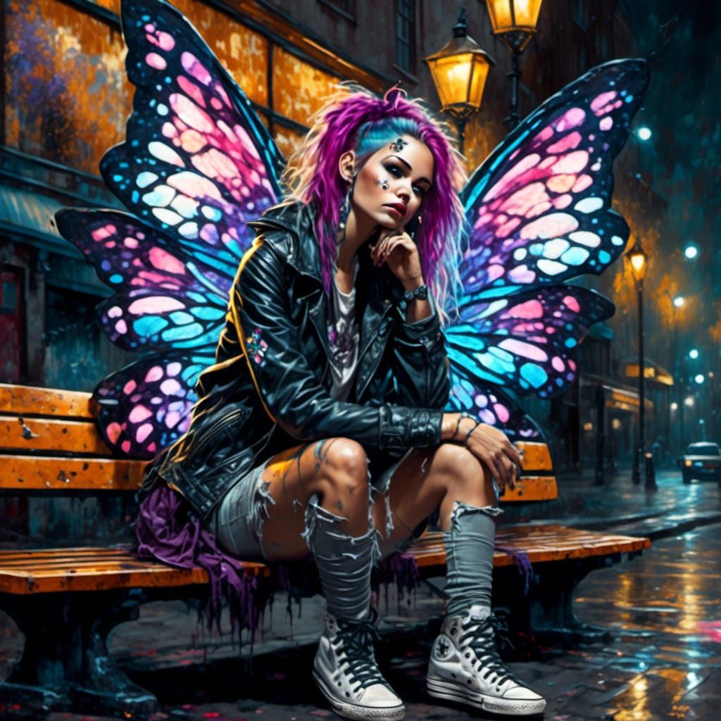 Punk Fairy on Park Bench at Night