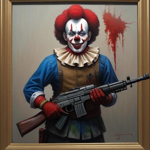 Menacing Clown with AK-47 in Oil Painting Style