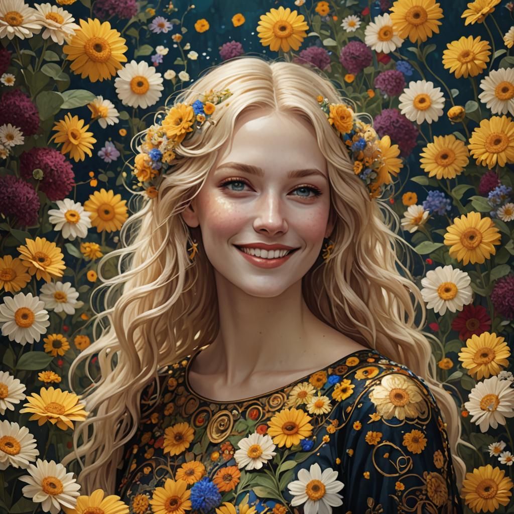 Blond Girl with Flowers in Klimt Style
