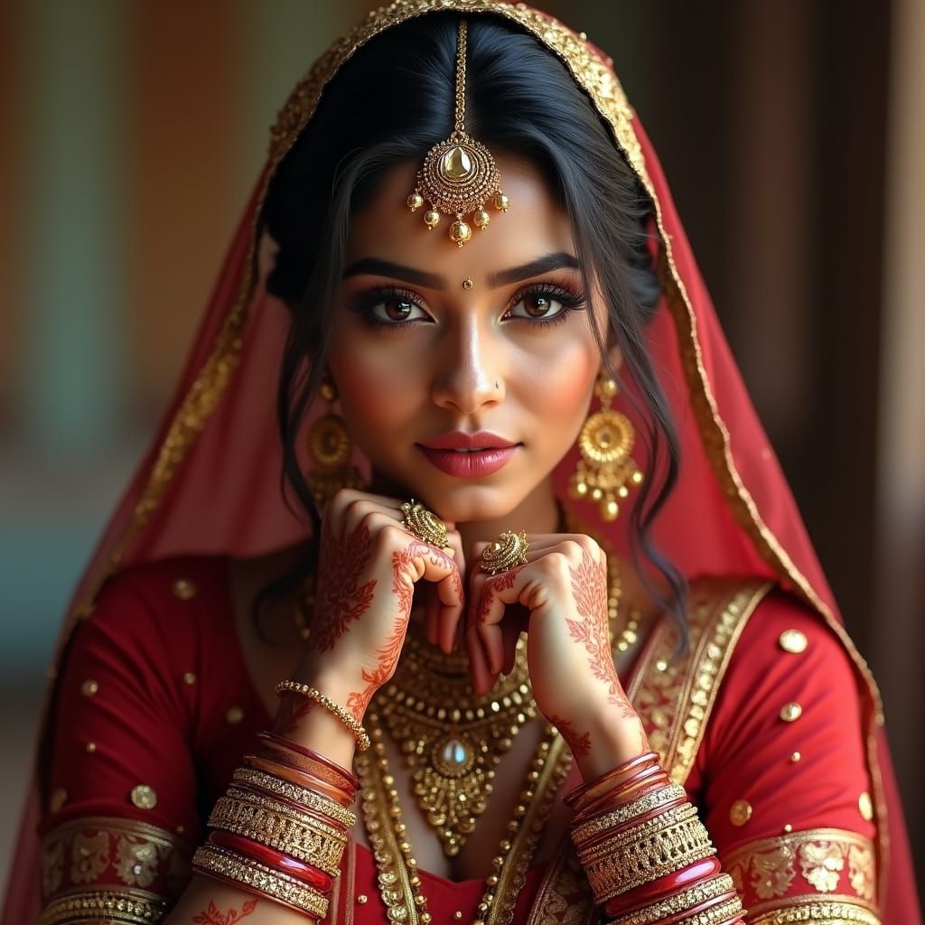 Stunning Indian Woman with Henna and Gold Jewelry