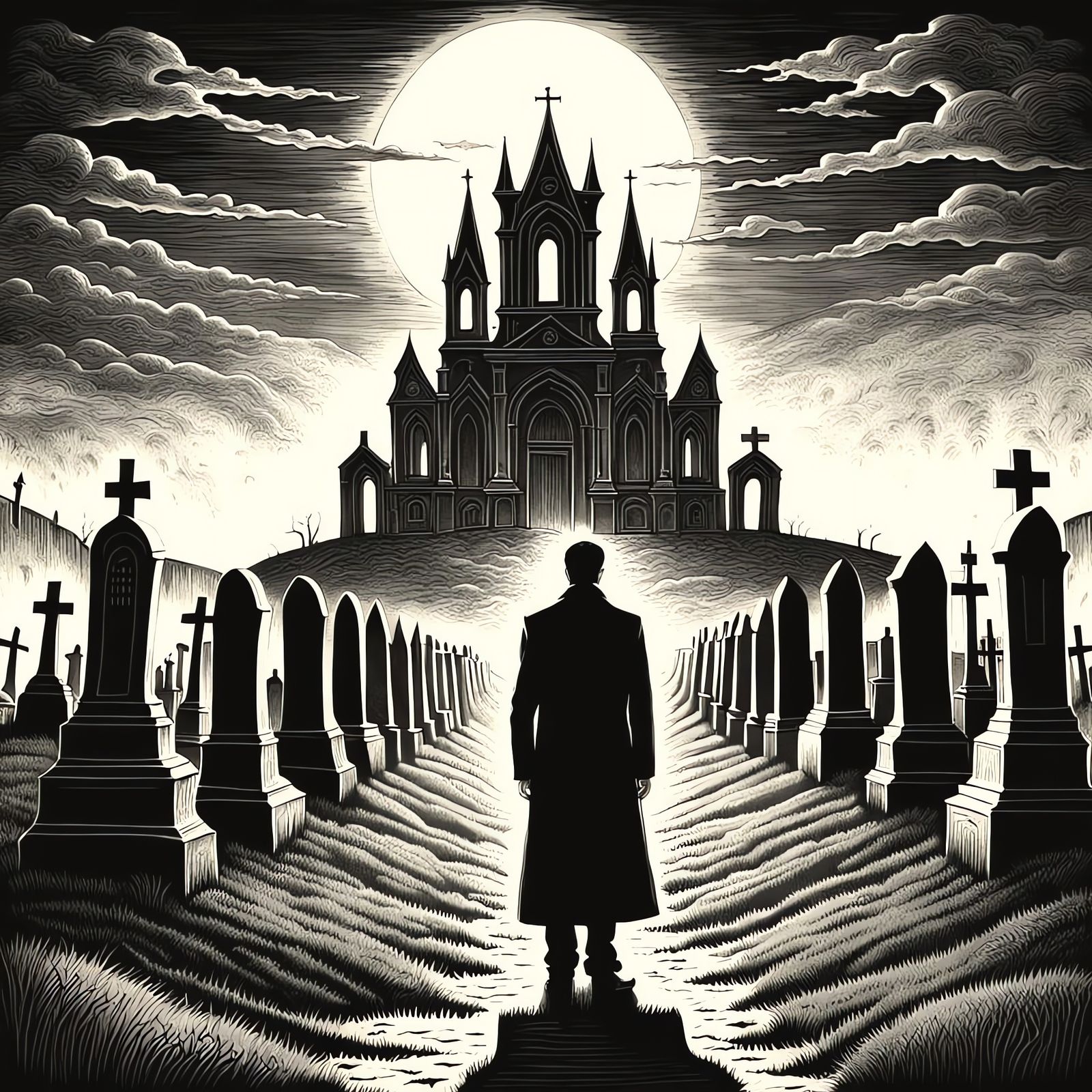 Noir Graveyard Scene with Boy and Moon