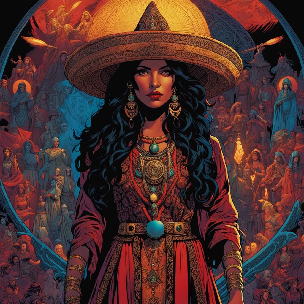 Bruja Surrounded by Illusions in Comic Book Art