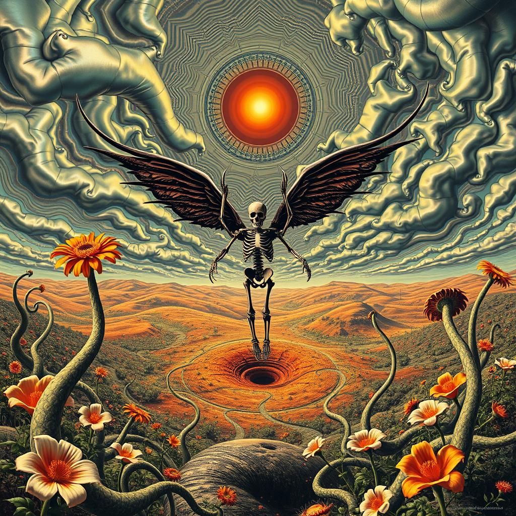 Surreal Landscape with Elastic Flora and Winged Skeleton