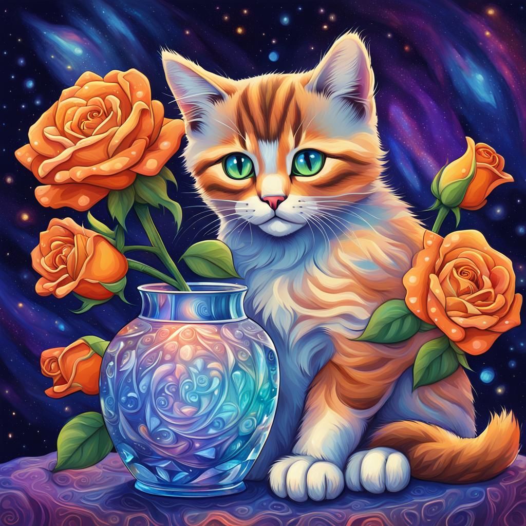 Calico Kitten with Roses in Astral Cosmic Style