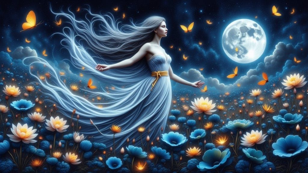 Moonlit Goddess in Lotus Field: Pre-Raphaelite Style