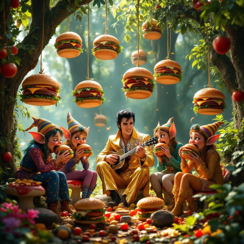 Whimsical Forest Gathering with Burgers and Elvis
