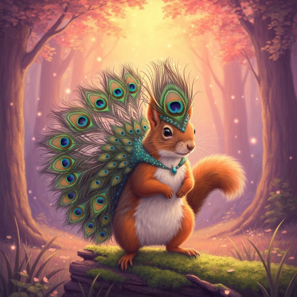 Squirrel Dressed as Peacock in Whimsical Forest Art