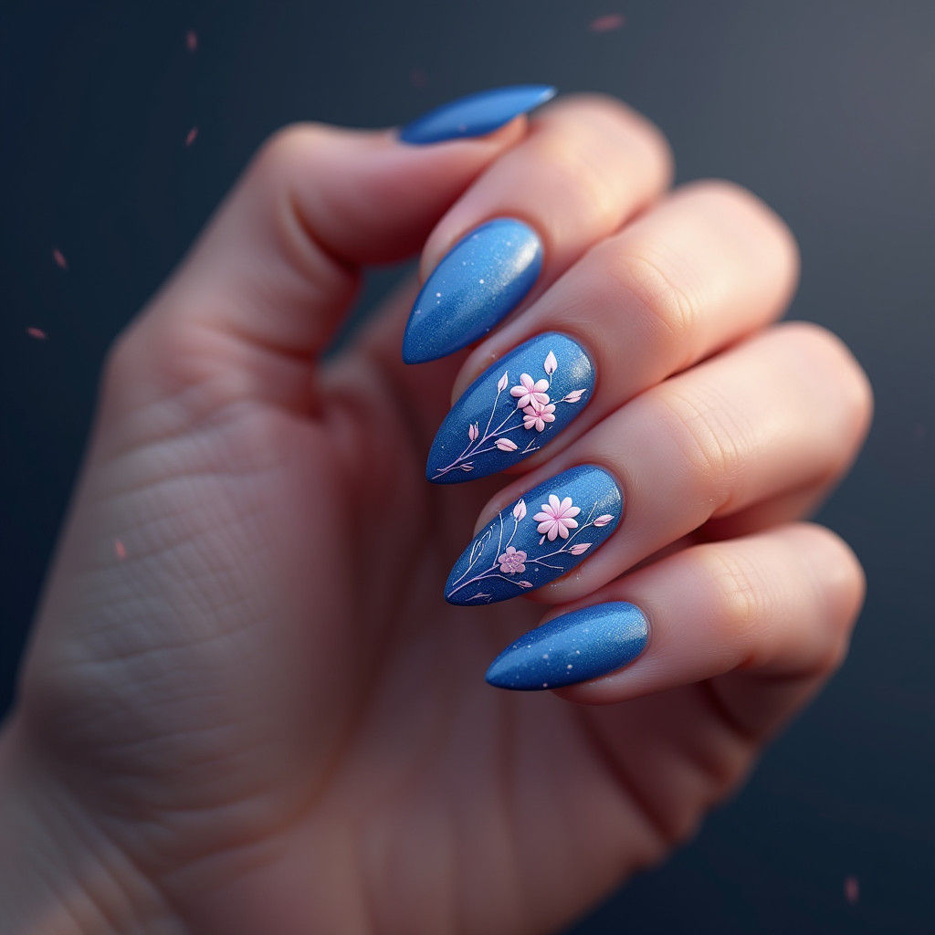 Blue Almond Nails with Floral Art: Detailed Matte Painting