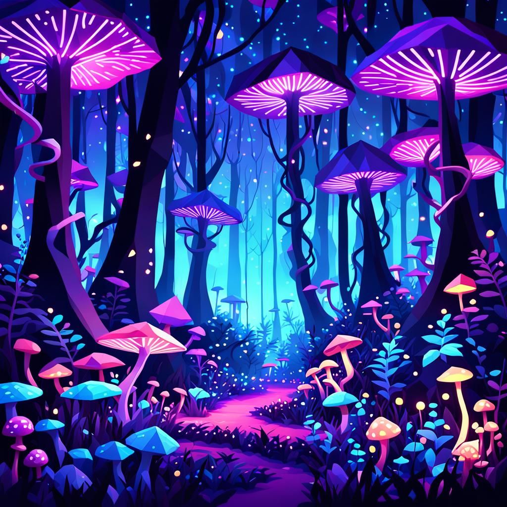 Glowing Low-Poly Forest Under Neon Night Sky