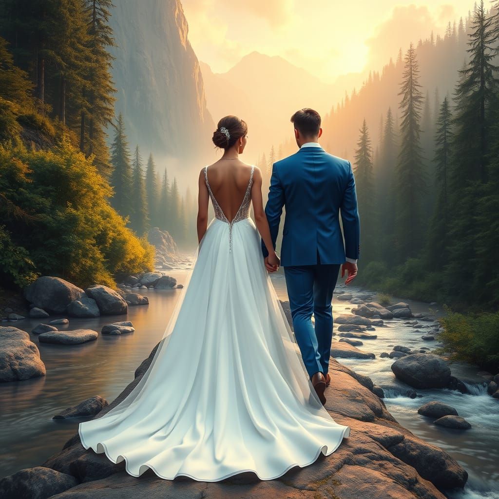 Ethereal Couple Strolls into Paradise Amidst Lush Forest and...