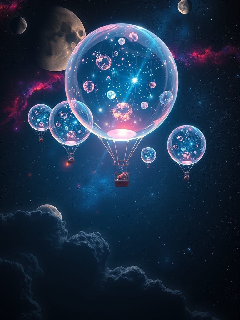 Glowing Hot Air Balloons Float in Cosmic Black Nebulae