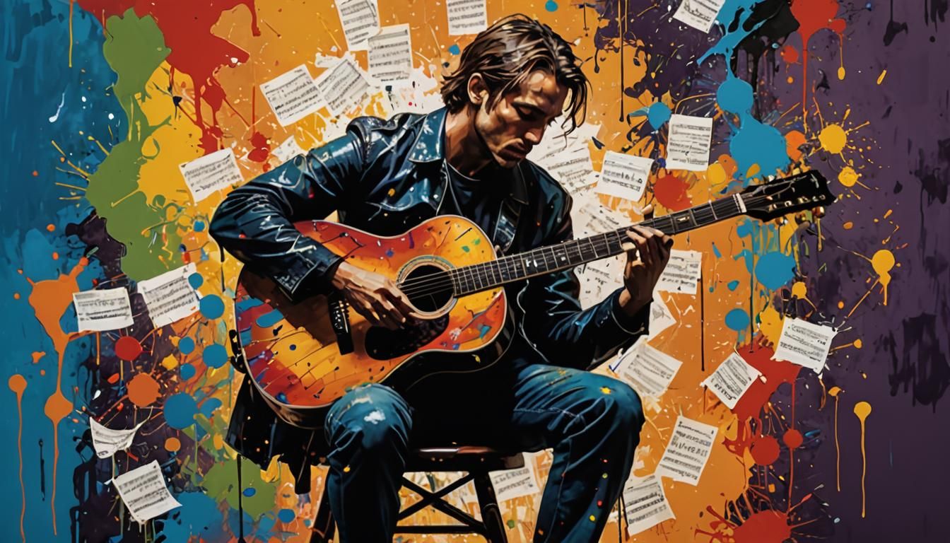 Acoustic Guitarist in Drip Painting Style