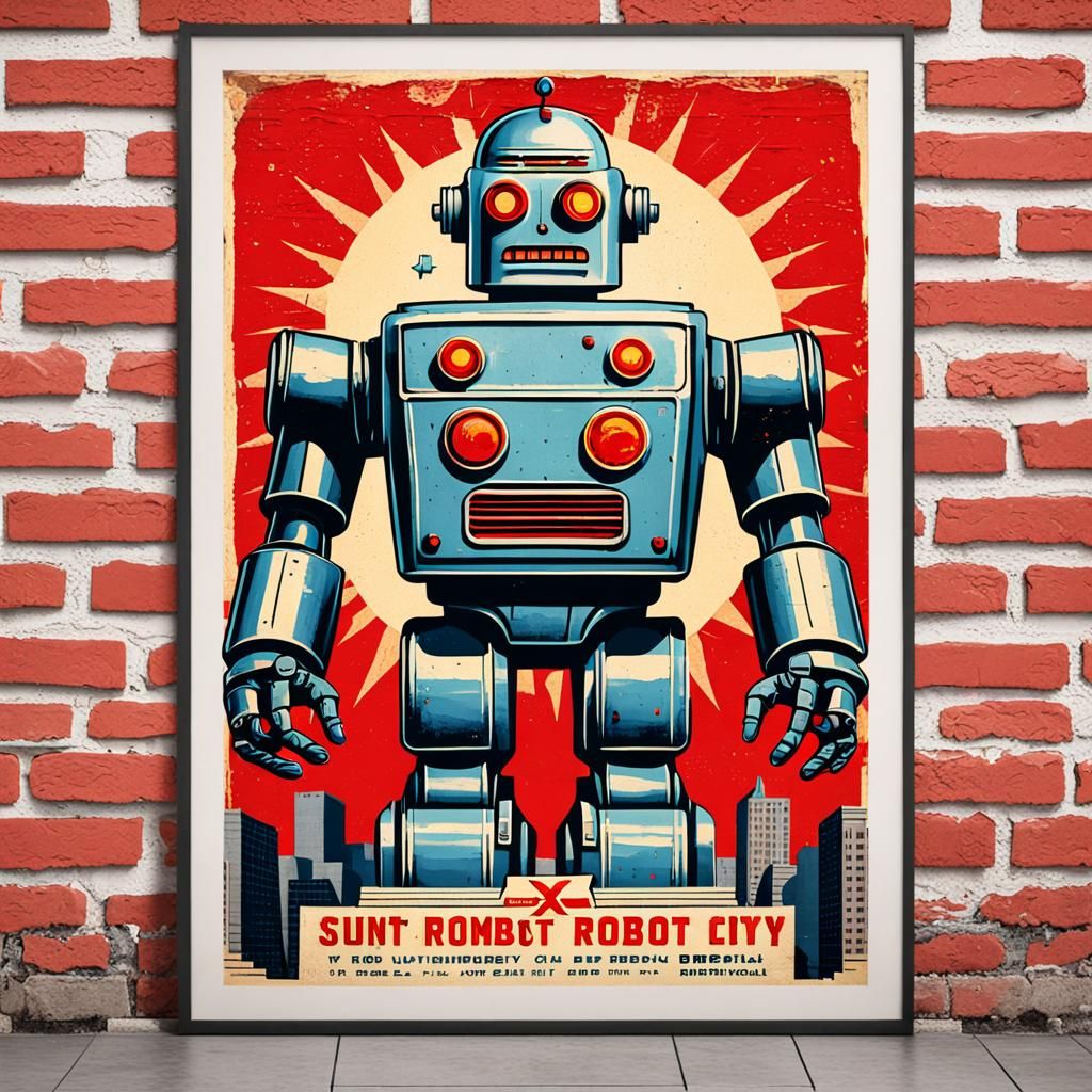 Vintage Propaganda Poster: Robot with Red X