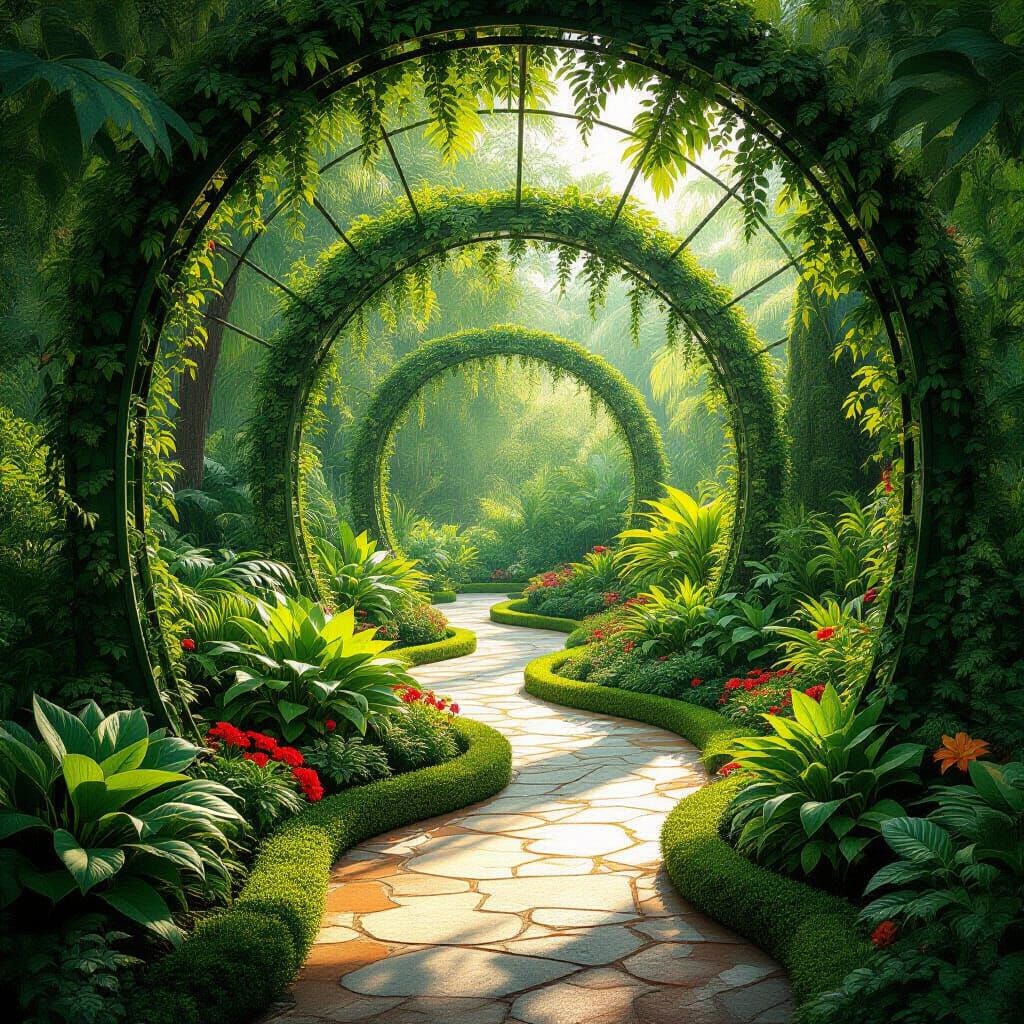 Art Nouveau Garden With Lush Flora and Dappled Sunlight