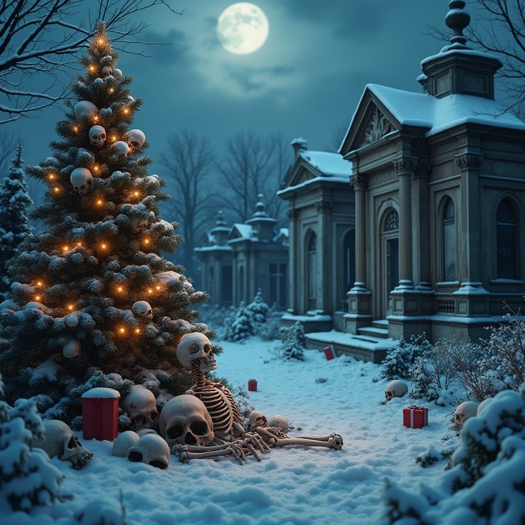 Creepy Winter Cemetery at Night with Skeleton Christmas
