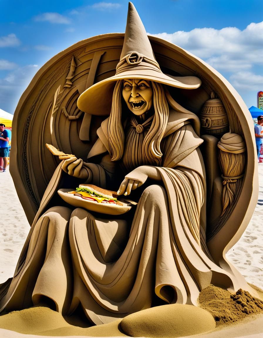 Hyperrealistic Sand Witch Sculpture Eating a Sandwich