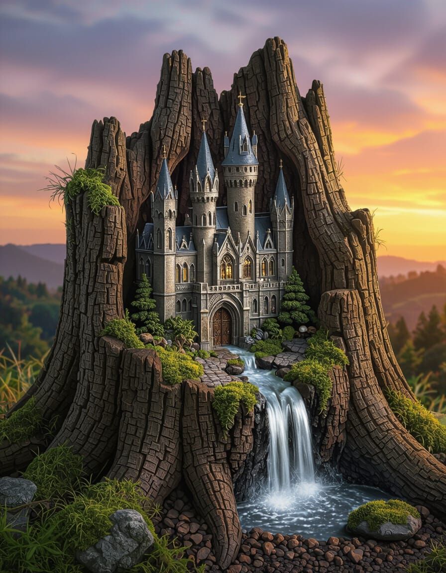 Gothic Castle Diorama in Carved Tree Stump
