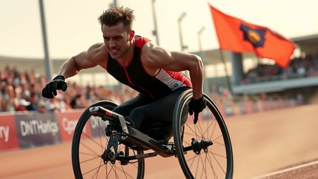 Para-Athlete Triumphs in Racing Wheelchair, Futuristic Style