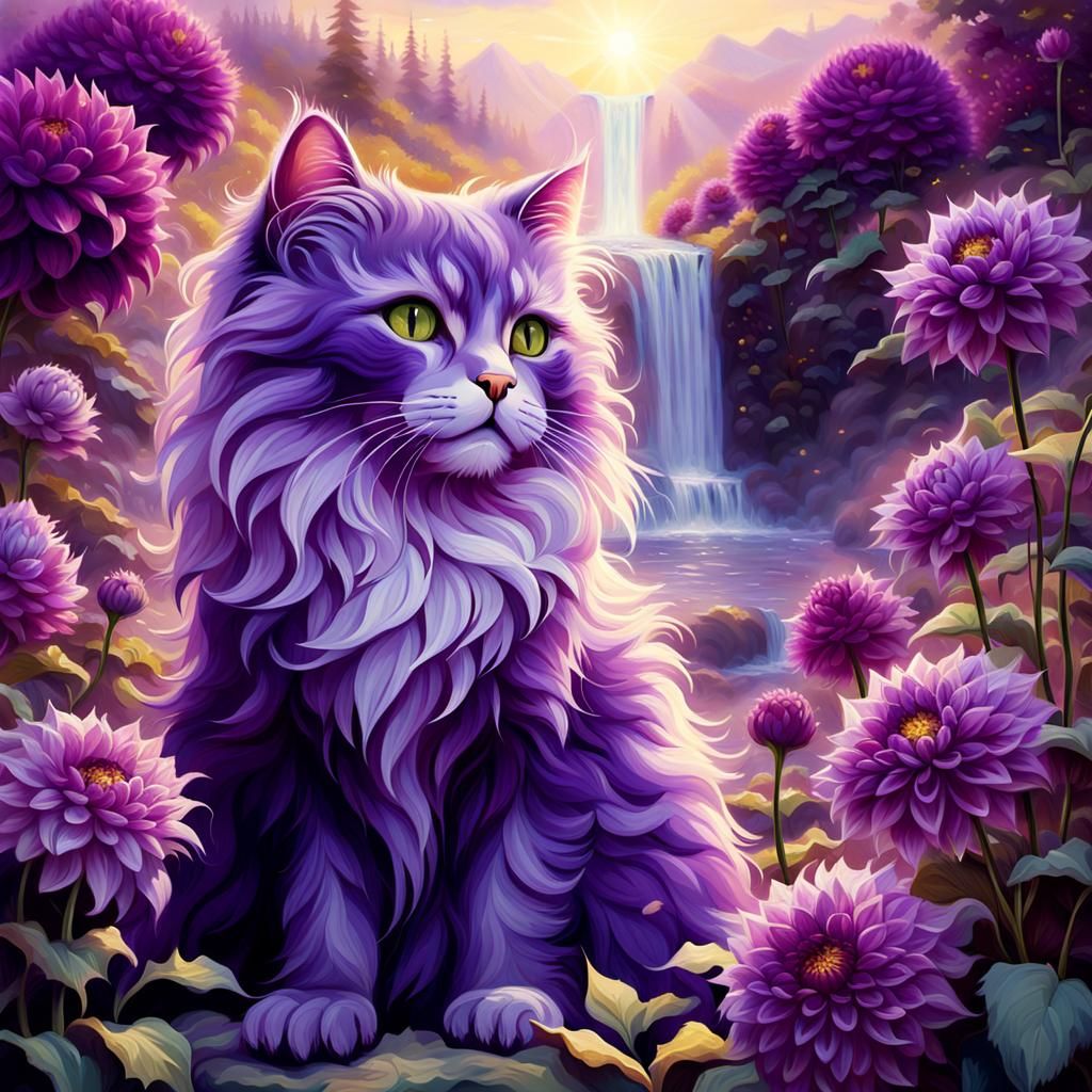 Ethereal Fantasy Scene with Purple Cat and Waterfall