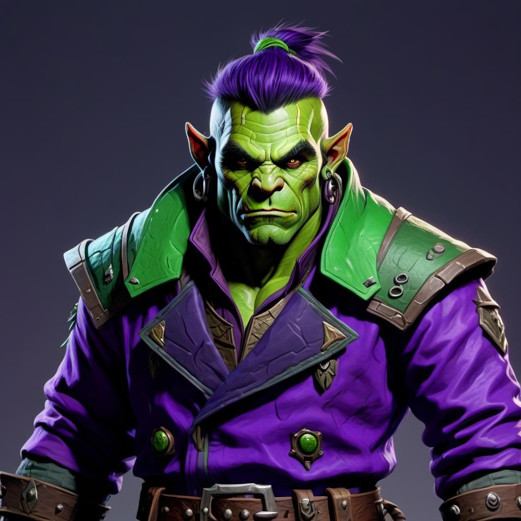 A half orc in a purple and green ship Captains jacket