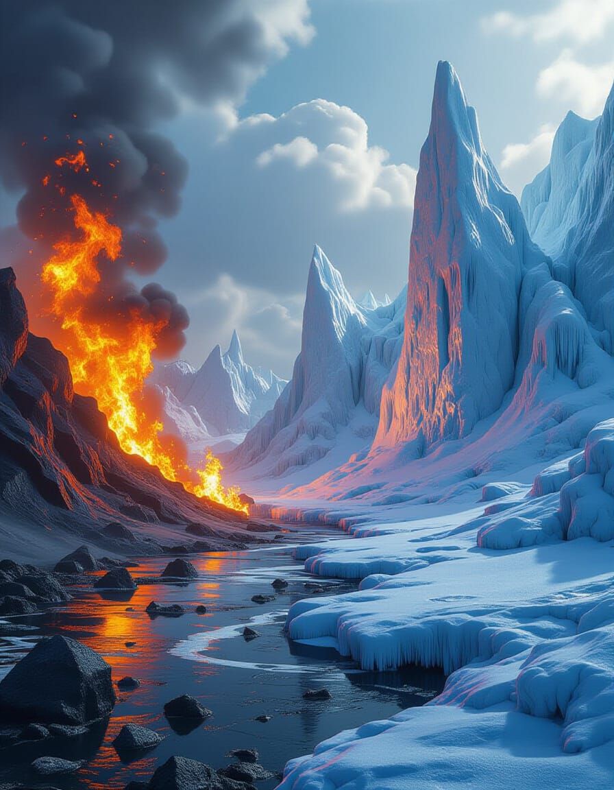 Fire and Ice Clash: Epic 3D Digital Art Scene