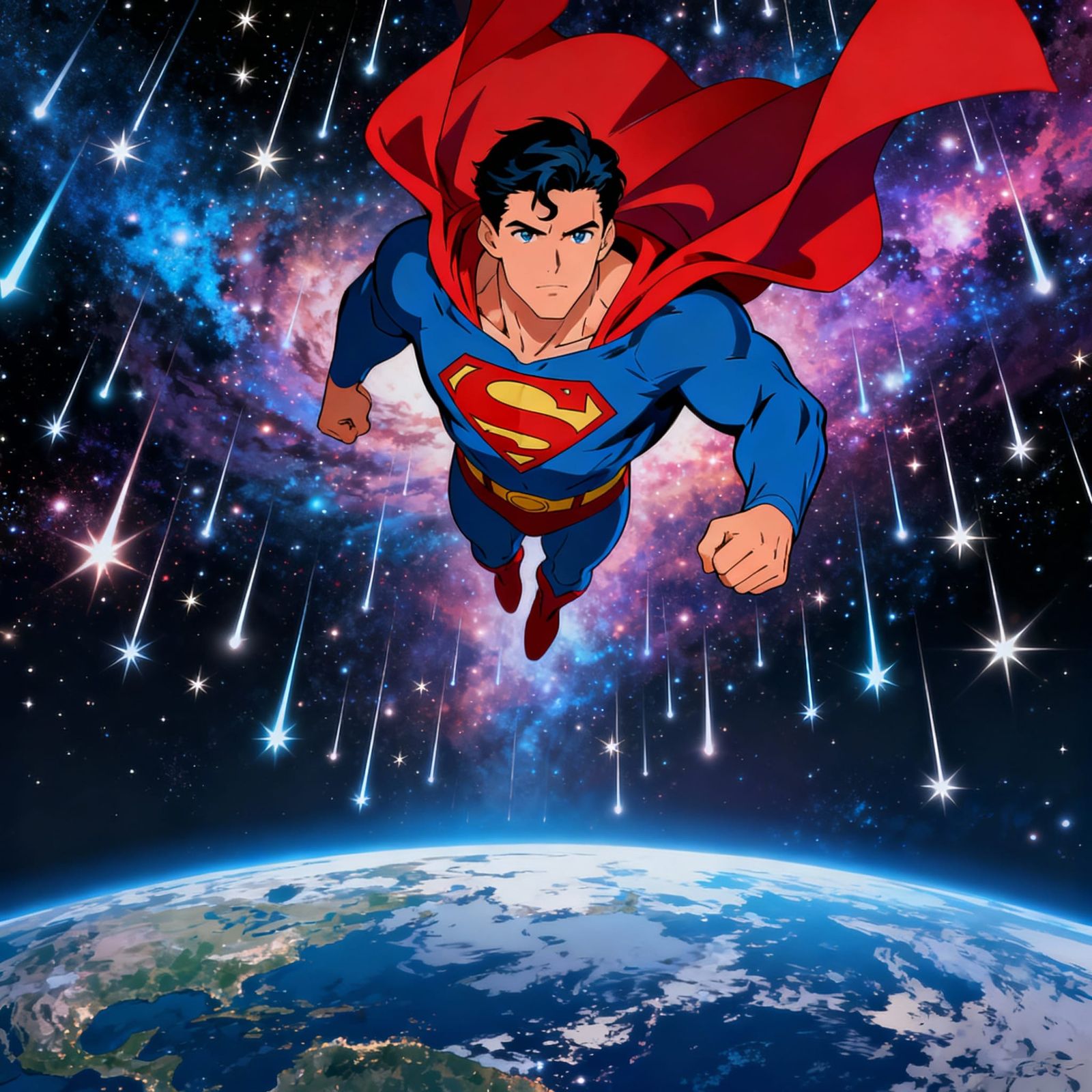Superman Flies Through Galaxy Amidst Falling Stars