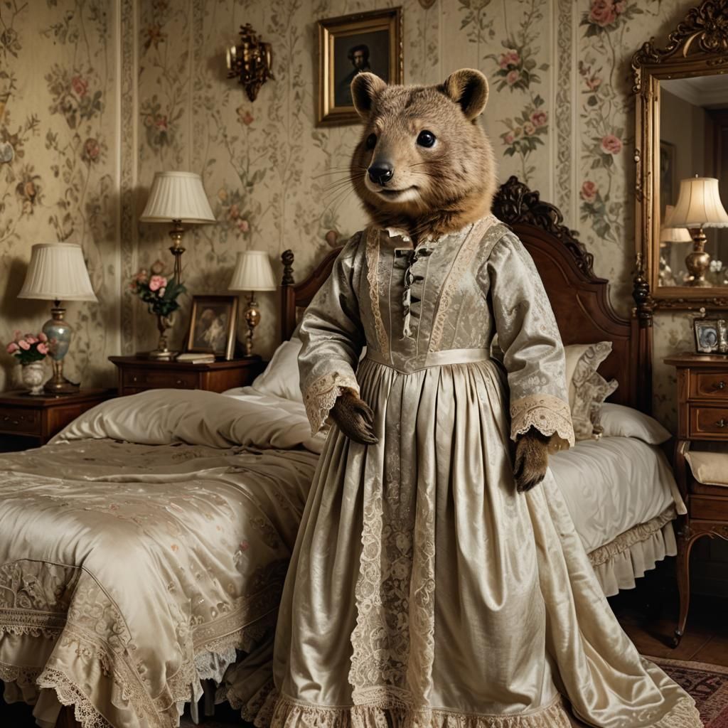 Anthropomorphic Quokka in 19th-Century Bedroom, Cinematic St...