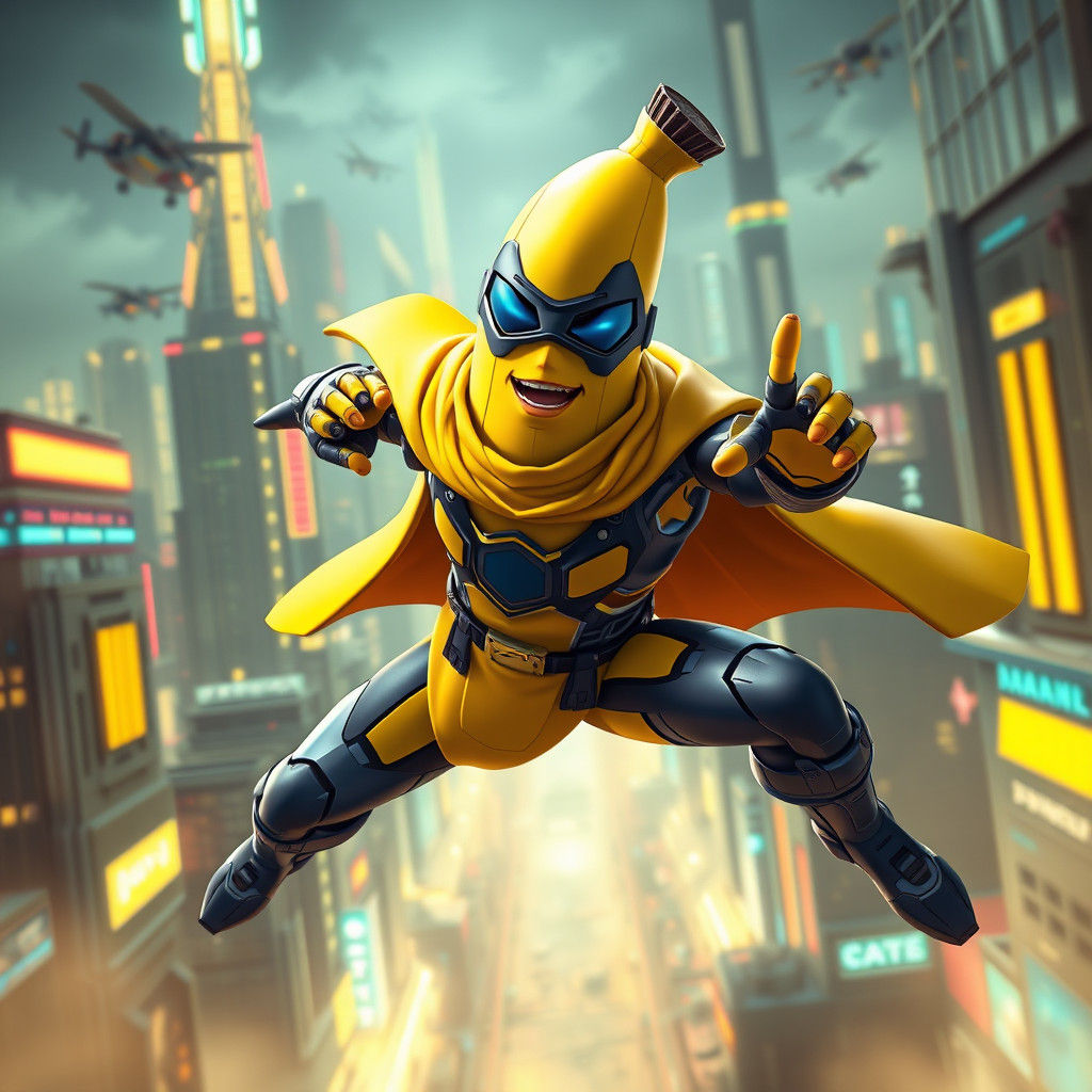 Heroic Banana Superhero in Neon Cityscape