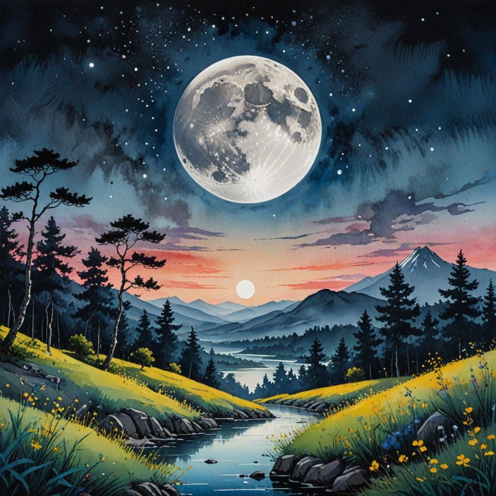 Breathtaking Ink Splatter Watercolor Summer Landscape with F...