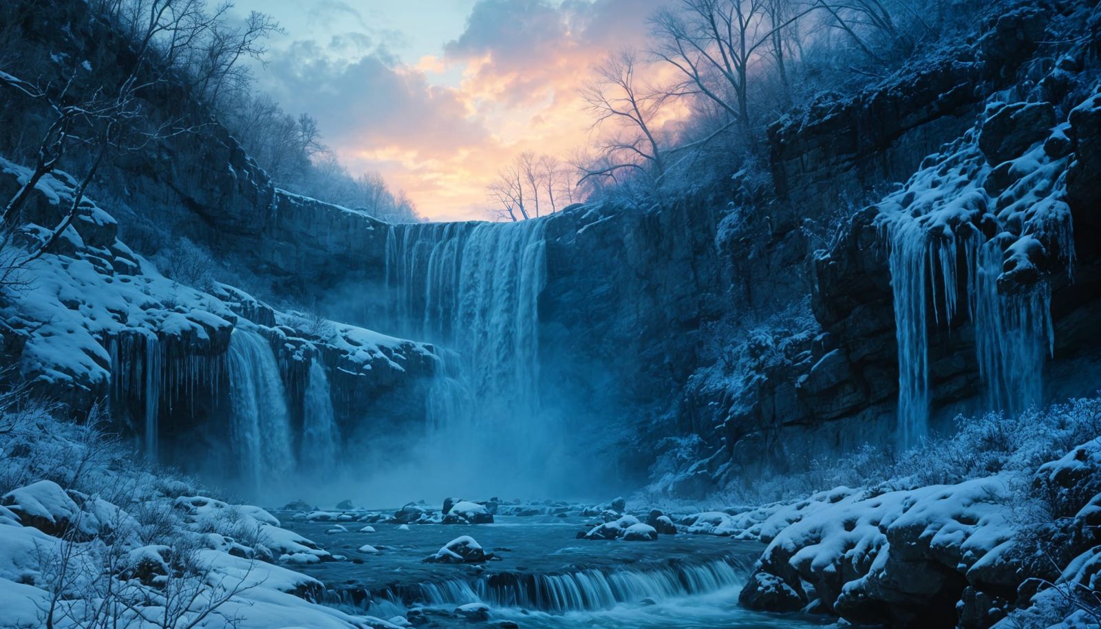 Dreamlike Winter Waterfalls in Dark Watercolor Style