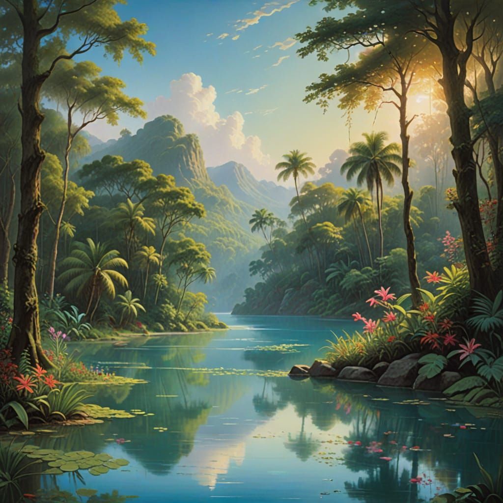 Tropical Lagoon Painting with Ethereal Light