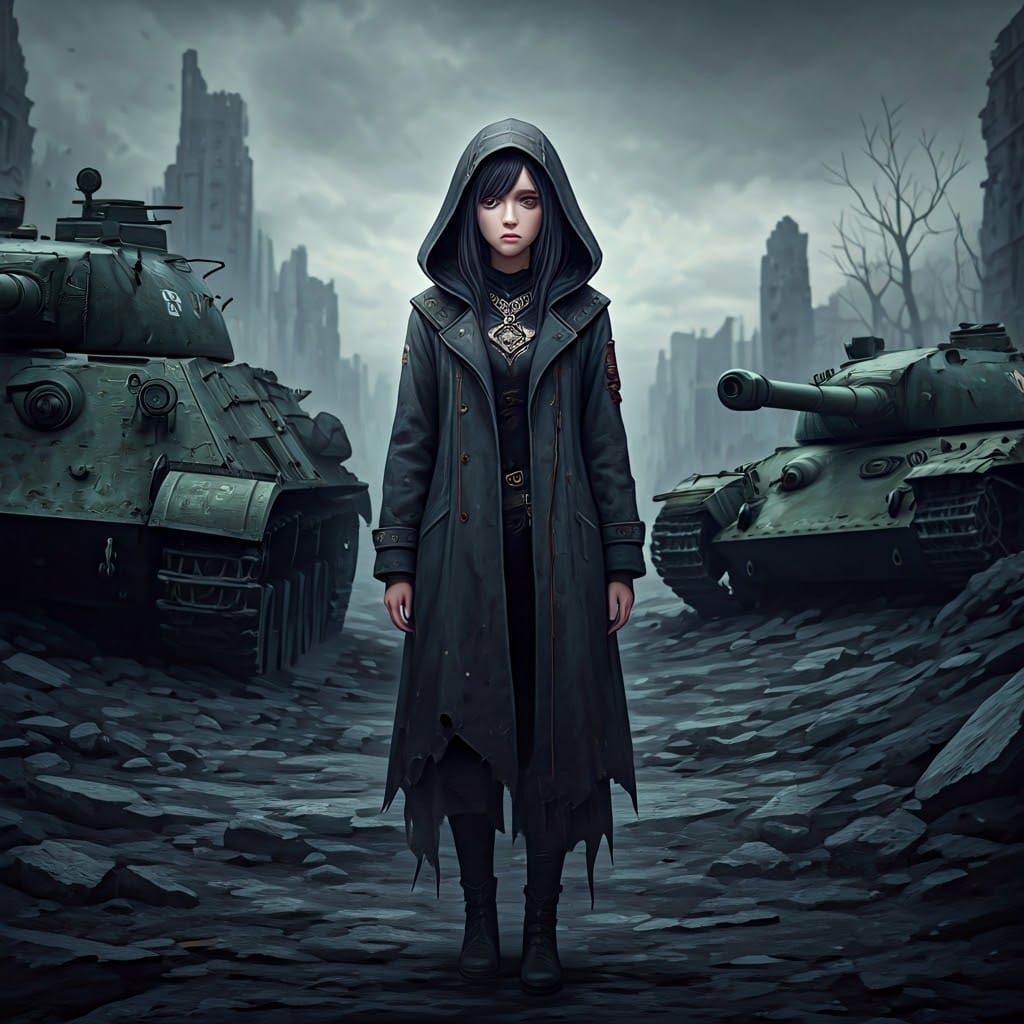 Desolate Woman in War Zone: 3D Anime Art