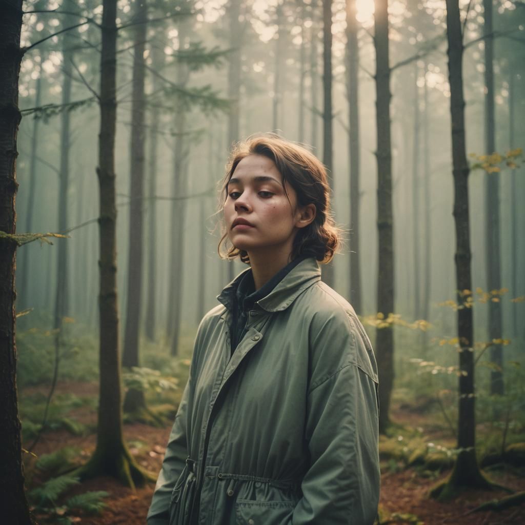 Peaceful Moment in Misty Forest: Cinematic Film Still